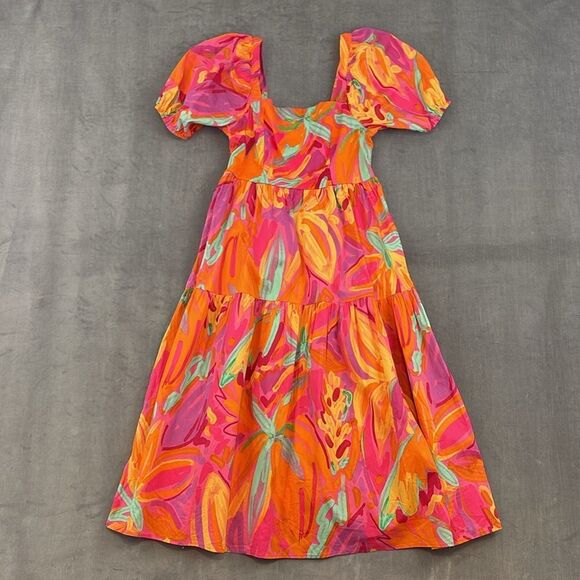 crystal sky Dresses & Skirts - Crystal Sky Brush Pink Floral Tiered Puff Short Sleeve Cotton Midi Dress Size M